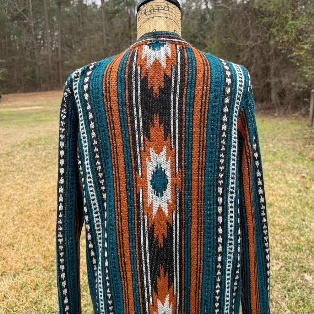 Open-Front Southwestern Pattern Long Cardigan Sweater - Teal, Rust, Cream - Picture 5 of 10